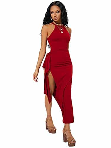SheIn Women's Sexy Sleeveless Halter Neck Side Slit Tie Knot Bodycon Long Dresses Solid Red X Large