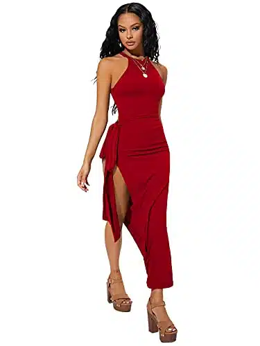 SheIn Women's Sexy Sleeveless Halter Neck Side Slit Tie Knot Bodycon Long Dresses Solid Red X Large