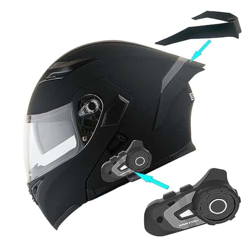 Storm Motorcycle Modular Full Face Flip up Dual Visor Helmet + Spoiler Bundle with Freedconn Motorcycle Bluetooth Headset HBatt Black