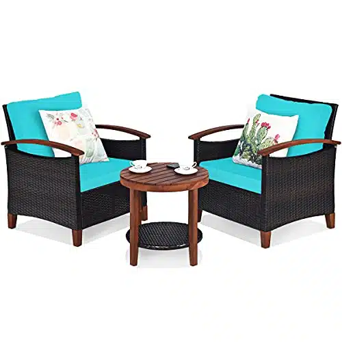 Tangkula Pieces Patio Furniture Set, Outdoor Rattan Sofa and Side Table wSolid Acacia Wood Frame, High Load Bearing Conversation Bistro Set wWashable and Removable Cushions (Turquoise)
