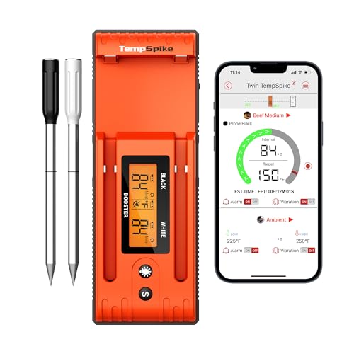 ThermoPro Twin TempSpike Wireless Meat Thermometer with eat Probes, FT Bluetooth Meat Thermometer with LCD Enhanced Booster for Turkey Beef Rotisserie BBQ Grill Oven Smoker Thermometer