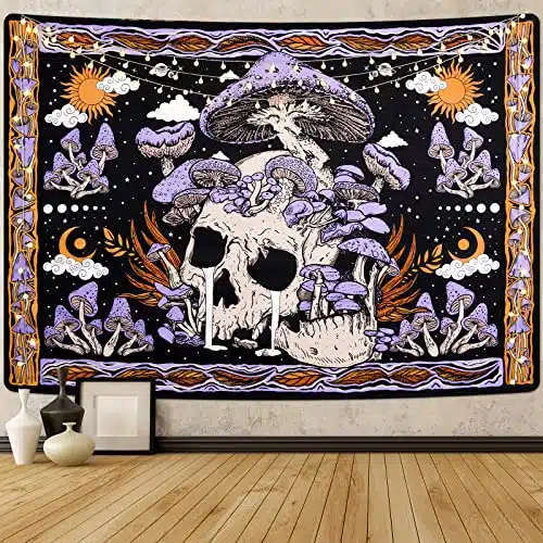 Uspring Mushroom Tapestry Skull Wall Tapestries Skeleton Tapestry Leaves Tapestry Hippie Large Purple Tapestry for Bedroom, Tapestry Wall Hanging for Room (x inches)