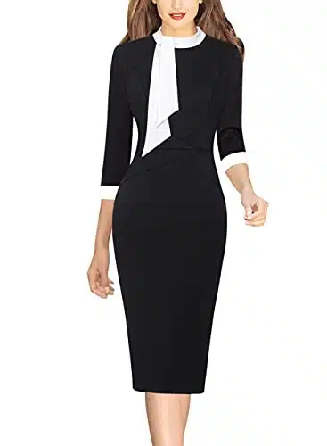 VFSHOW Womens Colorblock Bow Tie Neck Slim Cocktail Party Work Business Office Black and White Bodycon Pencil Sheath Dress BLK XL