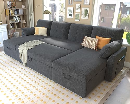 VanAcc Sleeper Sofa, inch in Pull Out Overisze Couch Bed, Sectional Sleeper Sofa with Double Storage Chaise for Living Room, Grey Chenille Couch