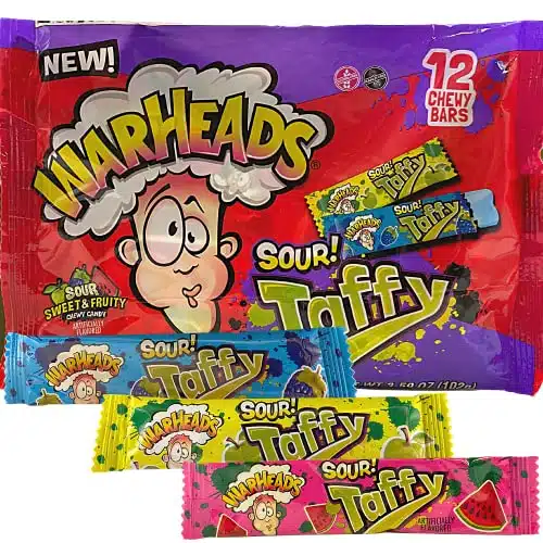 Warheads Sour Taffy Chewy Candies, Individually Wrapped Fruit Flavored Chews in Watermelon, Blue Raspberry, and Green Apple, Party Supplies and Favors for Birthdays, Gender Reveals, and More, Ounces