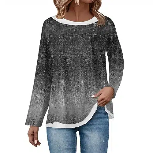 Womens Long Sleeve Tops Crewneck Womens Work Blouses Fall Flowered Plus Size T Shirt Winter Floral Print Double Layers Plus Size Sweatshirts Gray XL