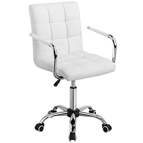 Yaheetech White Desk Chairs with WheelsArmrests Modern PU Leather Office Chair Midback Adjustable Home Computer Executive Chair Swivel