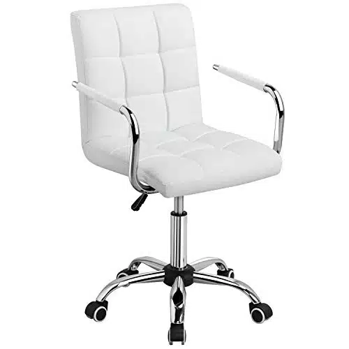 Yaheetech White Desk Chairs with WheelsArmrests Modern PU Leather Office Chair Midback Adjustable Home Computer Executive Chair  Swivel