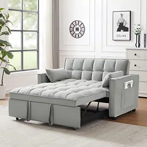 odern Velvet Loveseat Futon Sofa Couch wPull out Bed, Small Lounge Sofa wReclining Backrest, Toss Pillows, Pockets, Furniture for Living Room,in Convertible Sleeper Sofa Bed, Gray