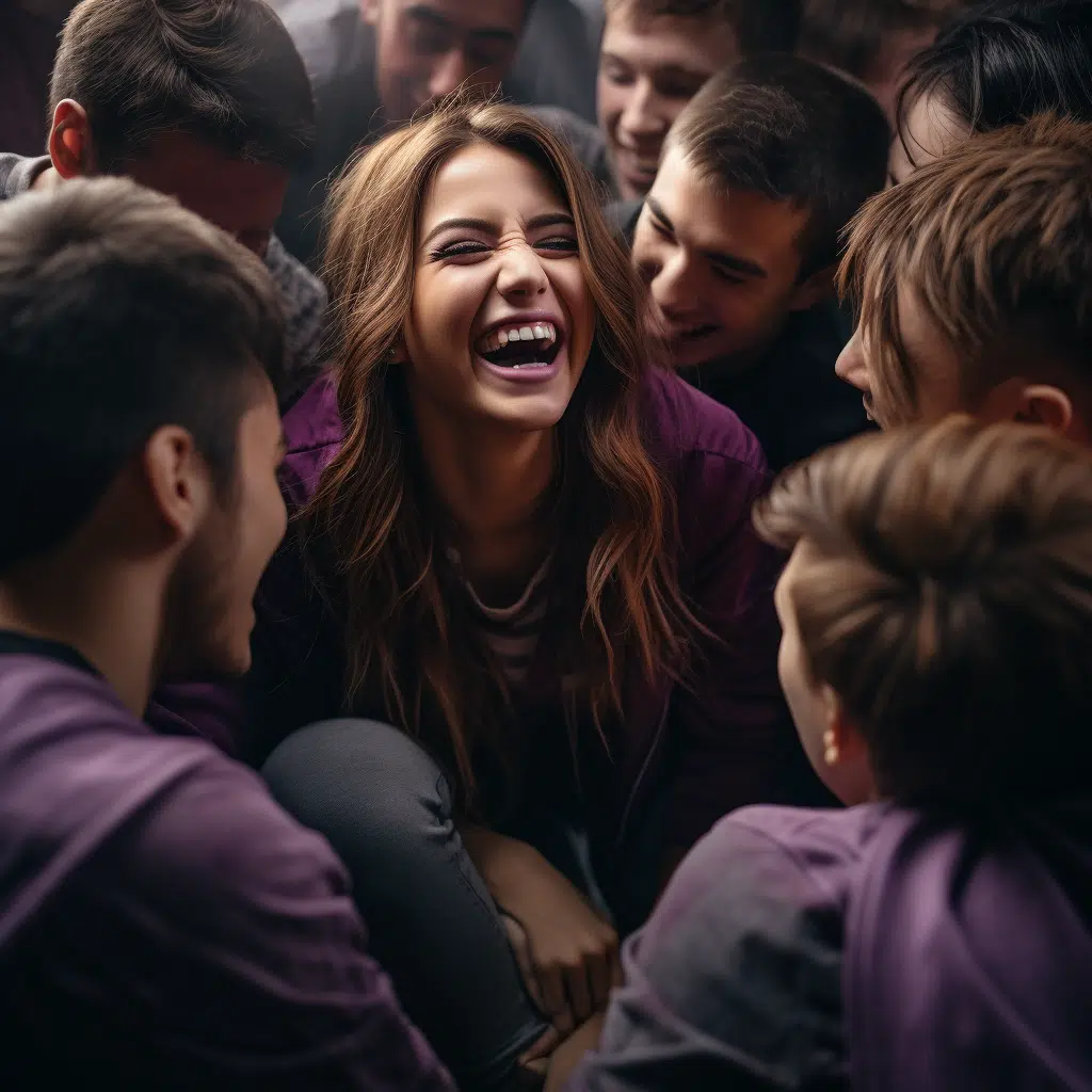pokimane female model laughing with a bunch of men