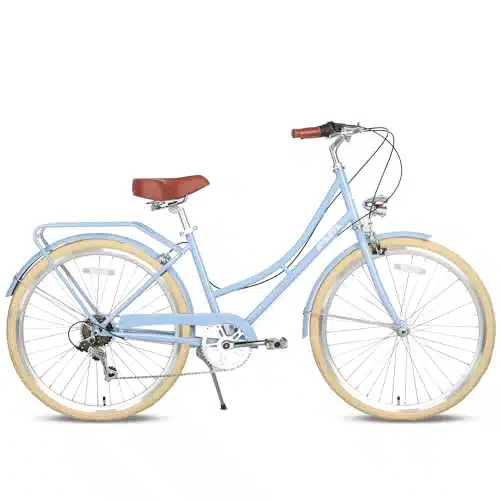 AVASTA Hybrid Bike for Women Female Lightweight Step Through inch Hi Ten Steel Frame City Commuter Comfort Lady Bicycle, Speed, Color Blue with Beige Tires