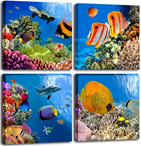 Bathroom Canvas Wall Art Sea Turtle Wall Decor for Living Room Colorful Fish Coral Dolphin Ocean Theme Underwater World Pictures for Bedroom Navy Seascape Artwork Framed Nautical Wall Decor