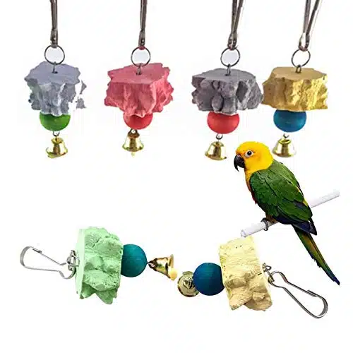 Bird Grinding Beak Calcium Stone With Bell,Rat Mineral Lava Block Trimming Teeth Chewing Toys for Chinchilla Bunny Budgie Cockatiel Parakeet Parrot Pcs(Random Delivery Of Colo
