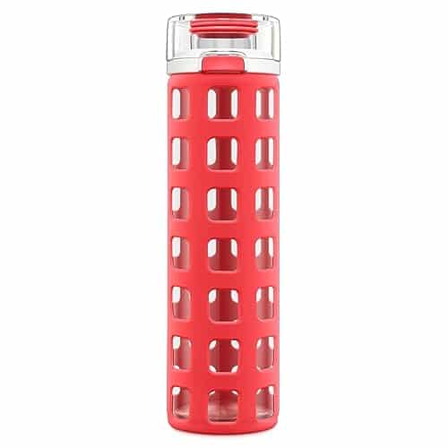 Ello Syndicate Glass Water Bottle with One Touch Flip Lid and Protective Silicone Sleeve and Carry Loop, BPA Free, Dishwasher Safe, Coral, oz