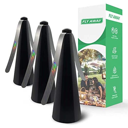 Fly Away Pack Outdoor Fly Repellent Fan, Outside or Inside Table use, Restaurant, Barbeque, Events, Deter Flies, Wasps, Bees, Other Moscas and Bugs Away, Battery Operated, Tabletop, Hanging Hook.