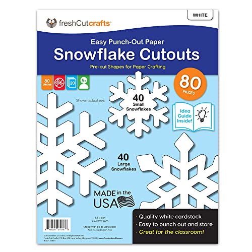 FreshCut Crafts  Pieces Snowflake Paper Cutouts with IDEA Guide, Sided US Made Card Stock Punch Out White Snowflakes for Bulletin Boards, Classroom Decor, and Winter Crafts