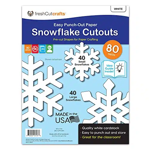 FreshCut Crafts  Pieces Snowflake Paper Cutouts with IDEA Guide, Sided US Made Card Stock Punch Out White Snowflakes for Bulletin Boards, Classroom Decor, and Winter Crafts