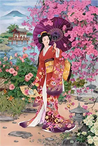 Funnybox Red Kimono Beauty Paintings by Haruyo Morita  Wooden Jigsaw Puzzles Piece for Teens and Family