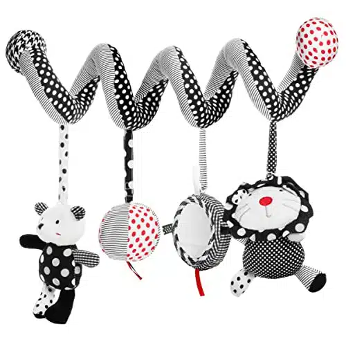 Genius Baby Toys  Soft Sensory Spiral with Developmental Hanging Toys for Car Seat and Stroller, Above Crib, in Black, White, Red (Lion, Bear, Mirror, Ball)