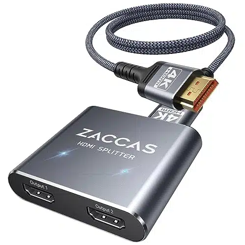 HDMI Splitter in Out, ZACCAS Aluminum K HDMI Splitter for Dual Monitors, xHDMI Display DuplicateMirror Screens, Full HD P Dwith Ft HDMI Cable (Grey)