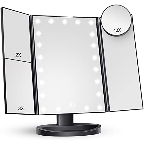 HUONUL Makeup Mirror Vanity with Lights, X X X Magnification, Lighted Mirror, Touch Control, Trifold Dual Power Supply, Portable LED Women Gift (Black) (SD DL)