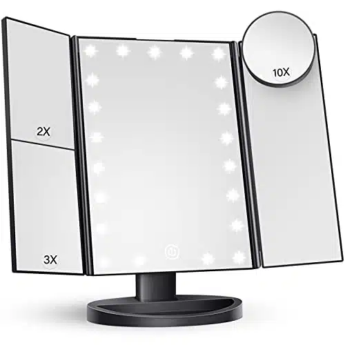 HUONUL Makeup Mirror Vanity with Lights, X X X Magnification, Lighted Mirror, Touch Control, Trifold Dual Power Supply, Portable LED Women Gift (Black) (SD DL)