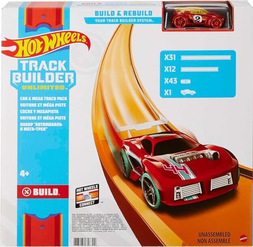 Hot Wheels Car and Mega Track Pack with ft of Track, Connectors and One Scale Toy Car, Track Builder (Amazon Exclusive)