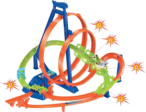 Hot Wheels Track Set, Epic Crash Dash with Crash Zones, Motorized Booster and Hot Wheels Scale Toy Car, Easy Storage