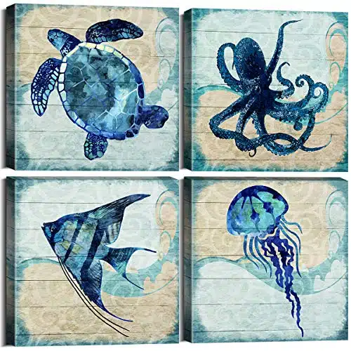 Navy Blue Fish Wall Art Beach Themed Sea Turtle Jellyfish Octopus Canvas Pictures Kids Bathroom Nursery Decor Boho Ocean Animal Painting Artworks for Bedroom Living Room Home Decorations xPcs