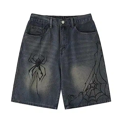 POHADON YK Blue Denim Shorts Summer Casual Loose Straight Leg Unisex Baggy Jeans Shorts Jorts Grunge Harajuku Streetwear (Spider,S)