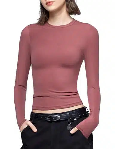 PUMIEY Long Sleeve Shirts for Women Crew Neck Slim Fit Fall Tops Sexy Basic Tee, Marsala X Small