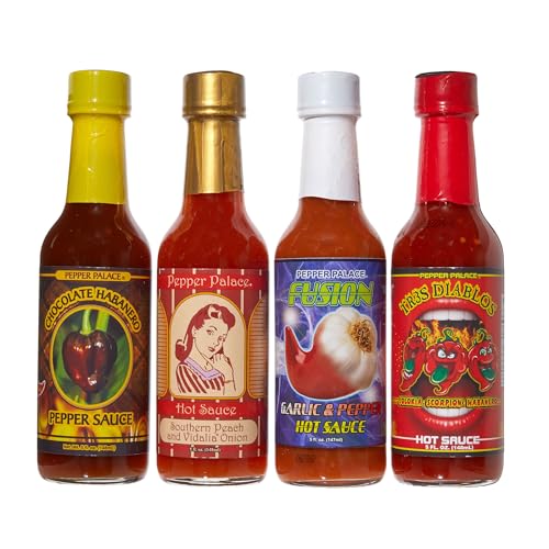 Pepper Palace Wild to Mild Hot Sauce Variety Kit Trs Diablos, Garlic Fusion, Southern Peach and Vidalia Onion Hot Sauce, and Chocolate Habanero Sauces