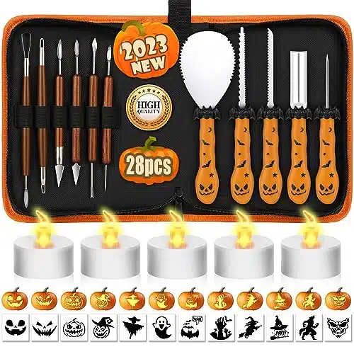 Pumpkin Carving Kit Tools Halloween PCS Professional Heavy Duty Stainless Steel Carve Knife Set with LED Candle Lights, Stencils, Storage Bag, Gifts for Kids & Adults DIY Jack O Lantern Decorating