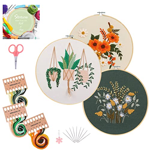 Santune Sets Embroidery Starter Kit with Pattern and Instructions, Cross Stitch Set, Stamped Embroidery Kits with Embroidery Clothes with Pattern, Embroidery Hoops