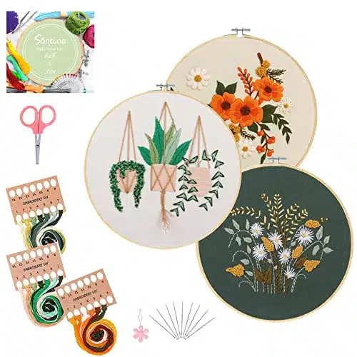 Santune Sets Embroidery Starter Kit with Pattern and Instructions, Cross Stitch Set, Stamped Embroidery Kits with Embroidery Clothes with Pattern, Embroidery Hoops