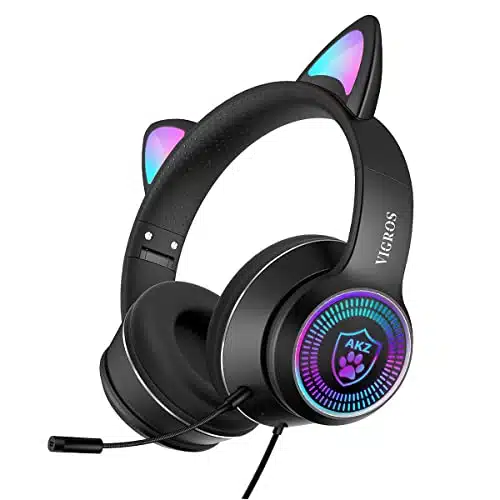 VIGROS Cat Ear Gaming Headphones Wired AUX mm LED Light, Noise Canceling Game Headphones Stereo Foldable Over Ear Headsets with Microphone Fit Girls, Kids for PC, PS, Switch, Xbox, Mobile, Laptop