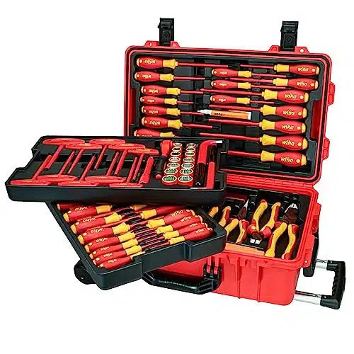 Wiha Insulated Tool Set with Screwdrivers, Nut Drivers, Pliers, Cutters, Ruler, Knife and Sockets in Rolling Tool Case, ,Volt Tested and Volt Rated, Piece Set