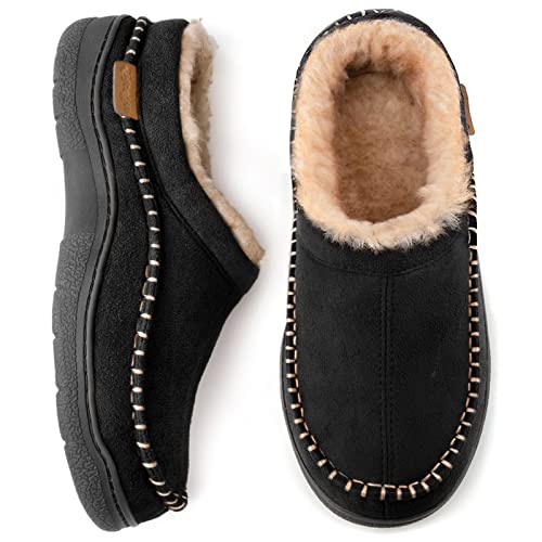 Zigzagger Men's Slip On Moccasin Slippers, IndoorOutdoor Warm Fuzzy Comfy House Shoes, Fluffy Wide Loafer Slippers,Black,D(M) US
