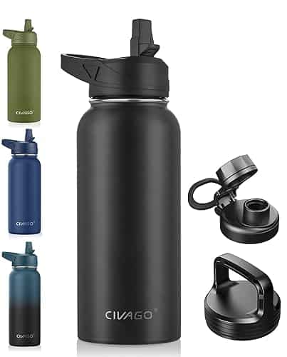 CIVAGO oz Insulated Water Bottle With Straw, Stainless Steel Sports Water Cup Flask with Lids (Straw, Spout and Handle Lid), Wide Mouth Travel Thermal Mug, Black