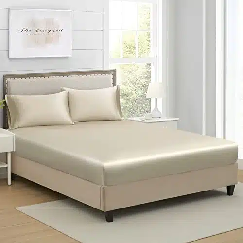 Full Silk Satin Fitted Sheet, Soft Deep Pocket Single Bottom Bed Sheets Sold Separately, Wrinkle Free, Non  Fading, Breathable, Fully Elasticized(Full Size, Taupe)