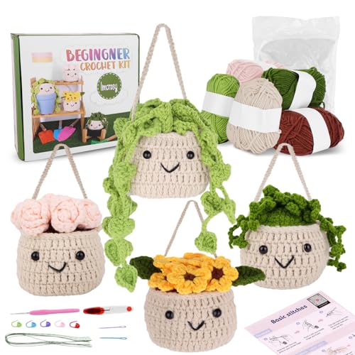Imcrasy Crochet Kit Crochet Kit for Beginners Beginner Crochet & Knitting Kit with Step by Step Video Lessons PC Cute Potted Plants Crochet Kit with Complete Crochet Access