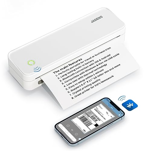 JADENS Portable Printers Wireless for Travel, Support X  Letter, Bluetooth Thermal Printer Compatible with iOS, Android & Laptop, Inkless Mobile Printer for Office, Home, Scho