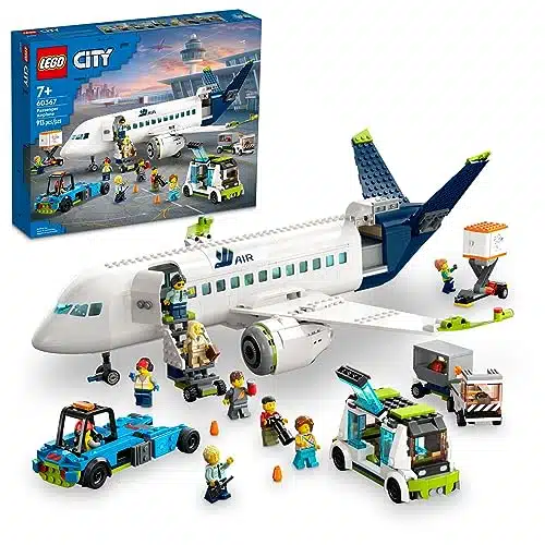 LEGO City Passenger Airplane Building Toy Set; Fun Airplane STEM Toy for Kids with a Large Airplane, Passenger Bus, Luggage Truck, Container Loader, and inifigures