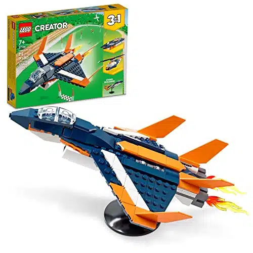 LEGO Creator in Supersonic Jet Plane Toy Set, Transforms from Plane to Helicopter to Speed Boat Toy, Buildable Vehicle Models for Kids, Boys and Girls Plus Years Old,