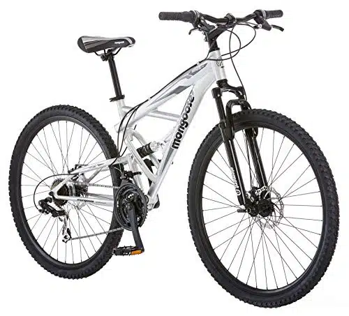 Mongoose Impasse Full Suspension Mountain Bike, Men and Women, Inch Aluminum Frame, Inch Wheels, Front and Rear Disc Brakes, Twist Shifters, Speed Rear Deraileur, Silver