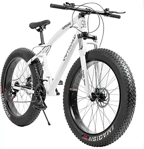 Outroad Fat Tire Mountain Bike Inch Wheels Adult Bicycle, Speeds Sand Trek Bike, Double Disc Brake Suspension Fork Big Tire Anti Slip Bikes (White, inch Width Tire)