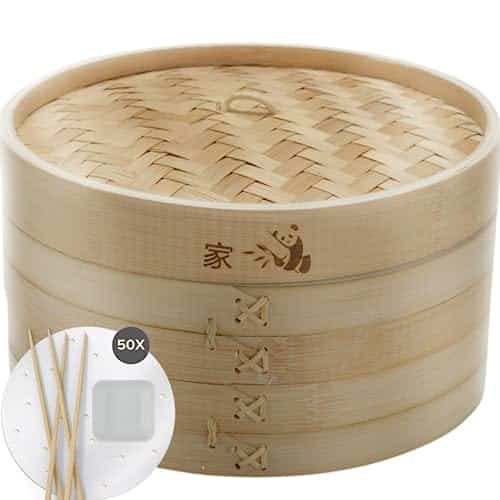 Prime Home Direct Bamboo Steamer Basket inch Tier Steamer for Cooking Liners, Chopsticks & Sauce Dish Dumpling Steamer, Food Steamer Baskets for Cooking Rice & Vegetable